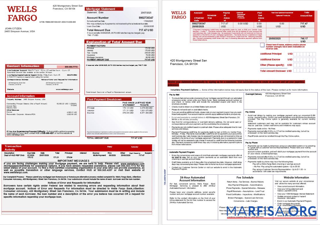 Realistic USA Wells Fargo bank mortgage statement in Word and PDF formats, 3 pages 1 2 example